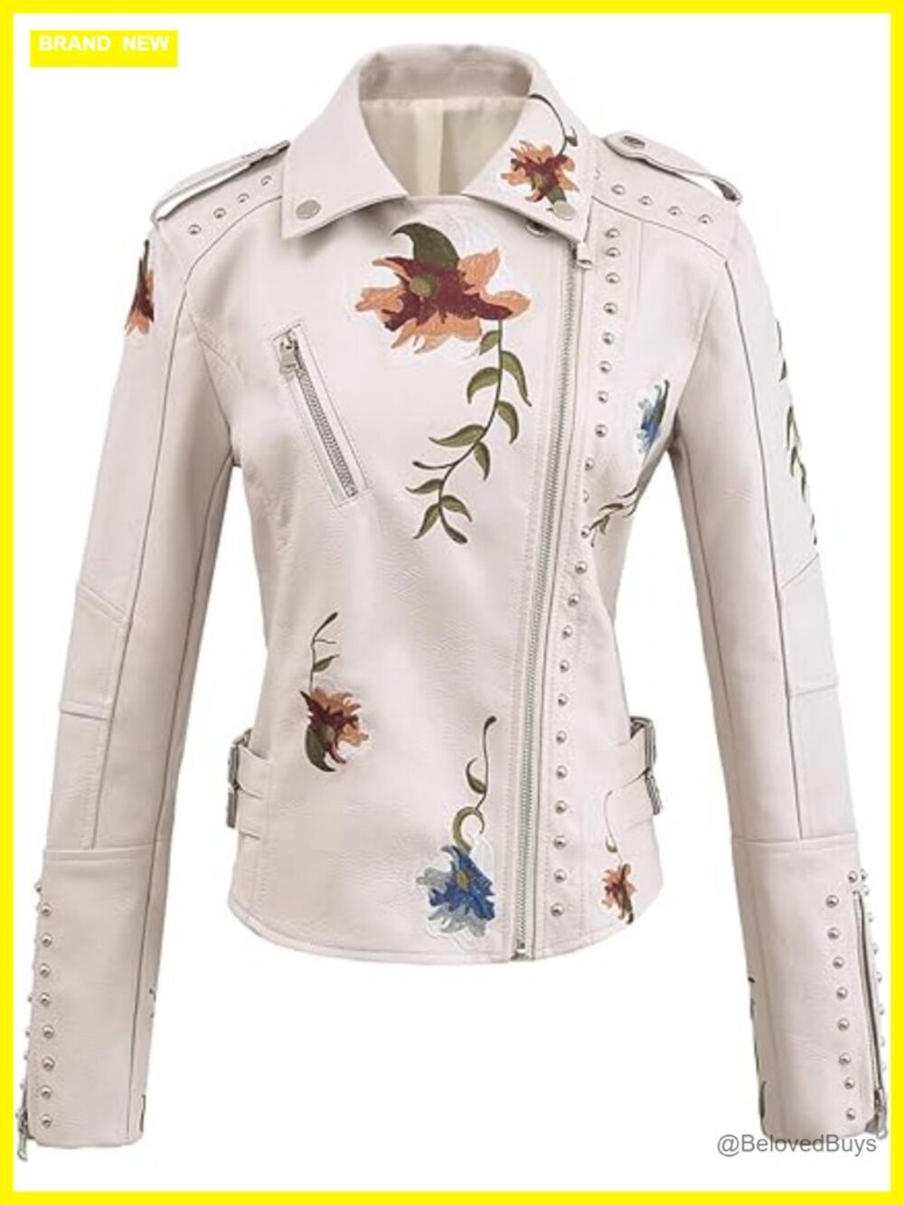 Embroidered Studded Faux Leather Moto Punk Jacket Floral Coat